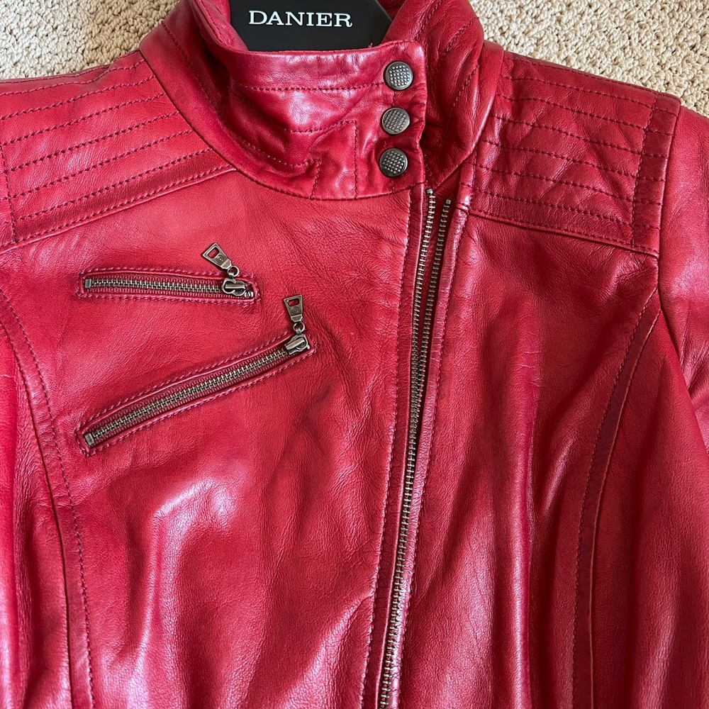 Womens Danier  red lambskin moto jacket 3xs